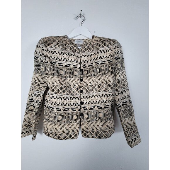 Papell Petites Womens Beige Black Geometric Pattern Button-Up Jacket Blazer 10P - Picture 1 of 8
